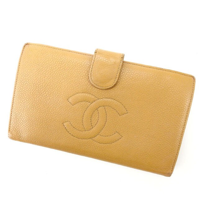 がま口財布 /長財布 キャビアスキン ココマーク ベージュ 中古