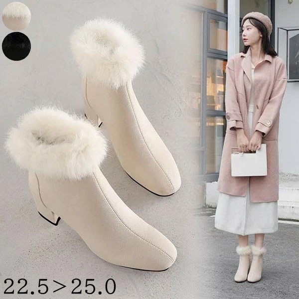 レディース ショートブーツ フェイクファー スエード あったか ヒール5cm 可愛い ふわふわ もこもこ lolita ロリータ リボン 防寒 通勤 滑りにくい 雪靴 ブラック オフホワイト 22.5