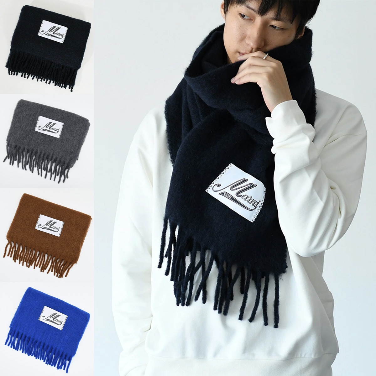ロゴパッチスカーフ ブラッシュドアルパカ製 ASZC0005A0 UTW918 メンズ ユニセックス マフラー フリンジ ラベル ソリッドカラー 人気 おすすめ