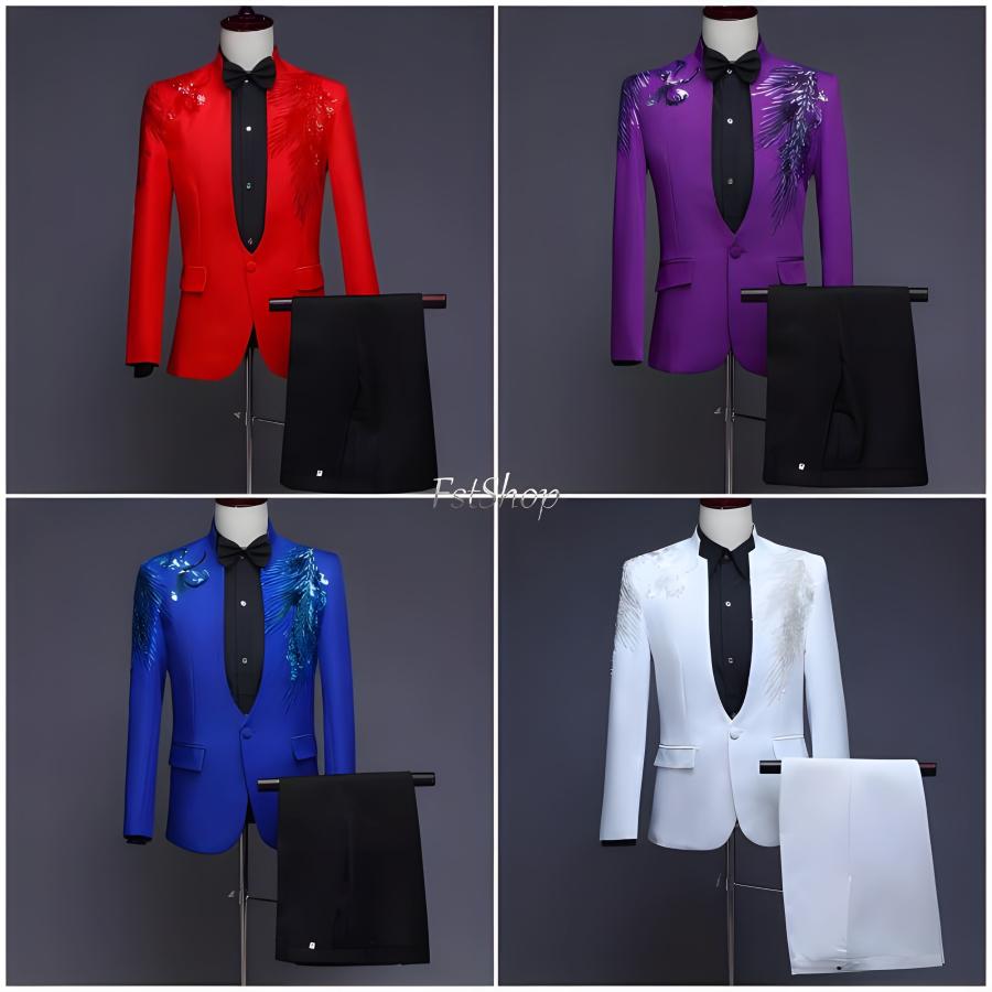 ハッピーハロウィン 新製品 最低価格 ステージ衣装フォーマルスーツ メンズ スーツセット ダンス衣装 カラースーツ舞台衣装ジャケット+パンツ 上下2点セット スパンコール司会者1つボタン忘年会 新年