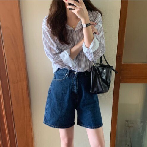 シャツ ブラウス カットソー 春夏 かわいい きれいめ カジュアル ゆったり 長袖 カフス Vネック 襟付き レギュラーカラー フレア セミフレア 前開き 透け感 青 ブルー ワンサイズ かわいい 大