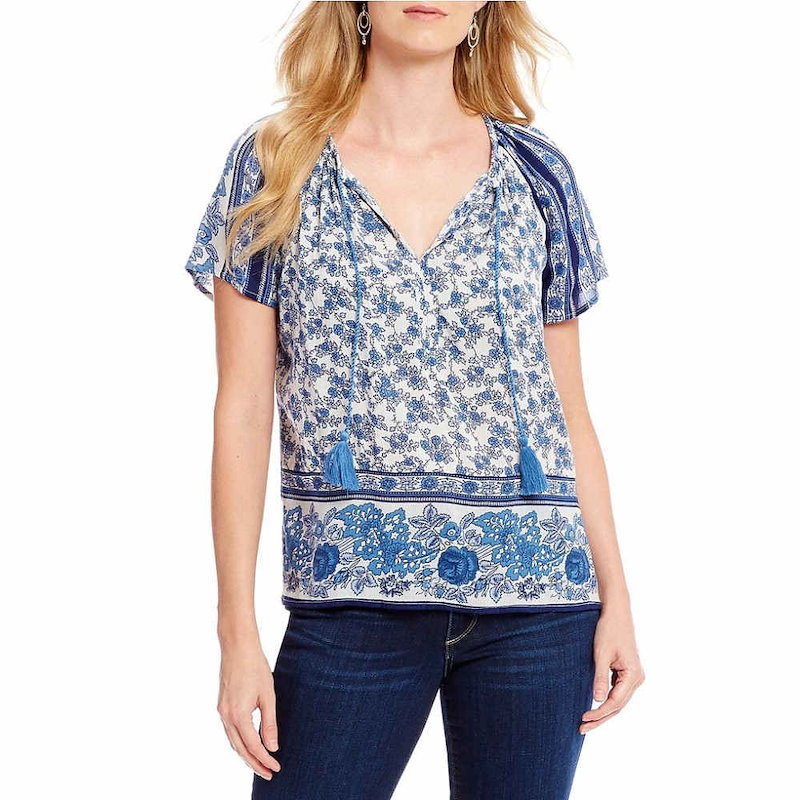 ラッキーブランド レディース トップス ブラウス・シャツ【Lucky Brand Tassel Tie-Neck Floral Border Print Peasant Top】Blue Multi ラッキーブランド レディース トップス ブラウス・シャツ【Lucky Brand Tassel Tie-Neck Floral Border Print Peasant Top】Blue Multi