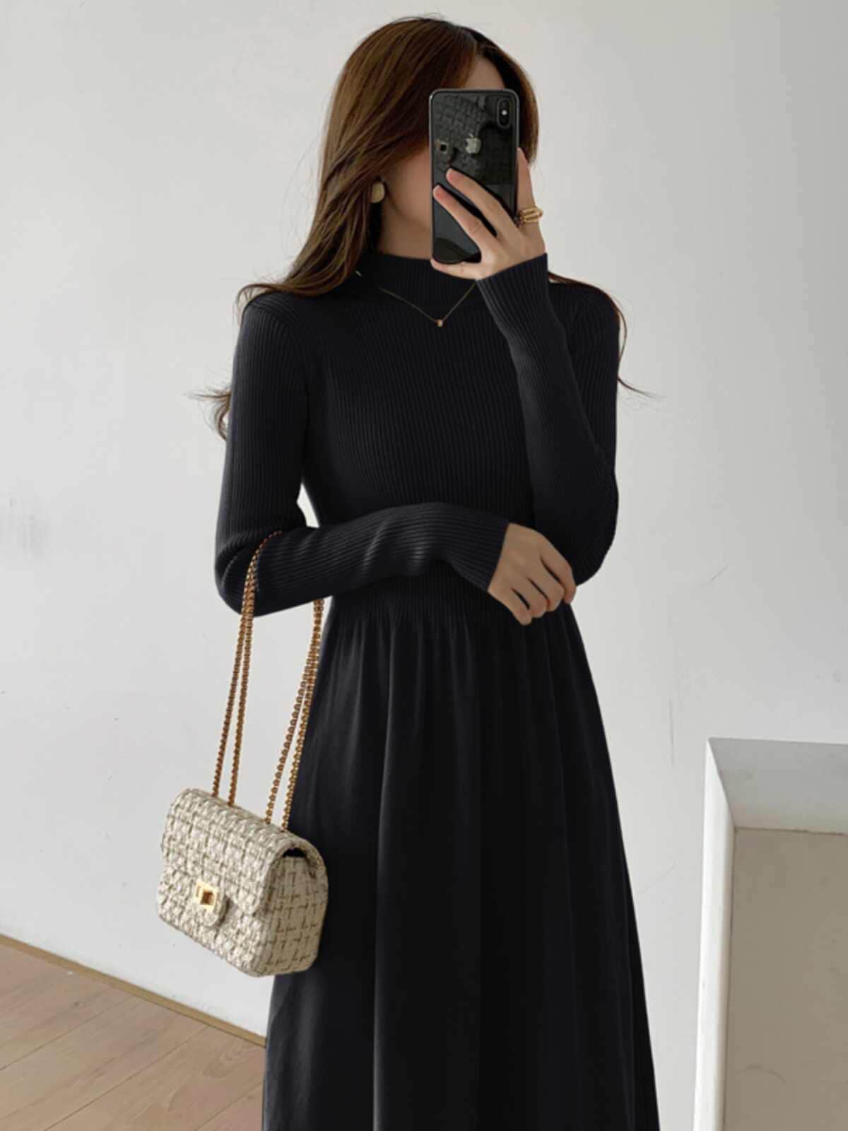 ワンピース フレア ニットワンピ アンクル丈 長袖 ハイネック かわいい 大人可愛い きれいめ シンプル カジュアル 上品 おしゃれ こなれ感 ガーリー 主役級 存在感 ラブリー キュート プリンセス