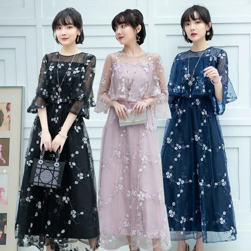 新作 2024新作 ドレス 結婚式 お呼ばれ パーディー 花柄 着やせ ミモレ丈 パーティードレス レースドレス ワンピース おしゃれ シフォン