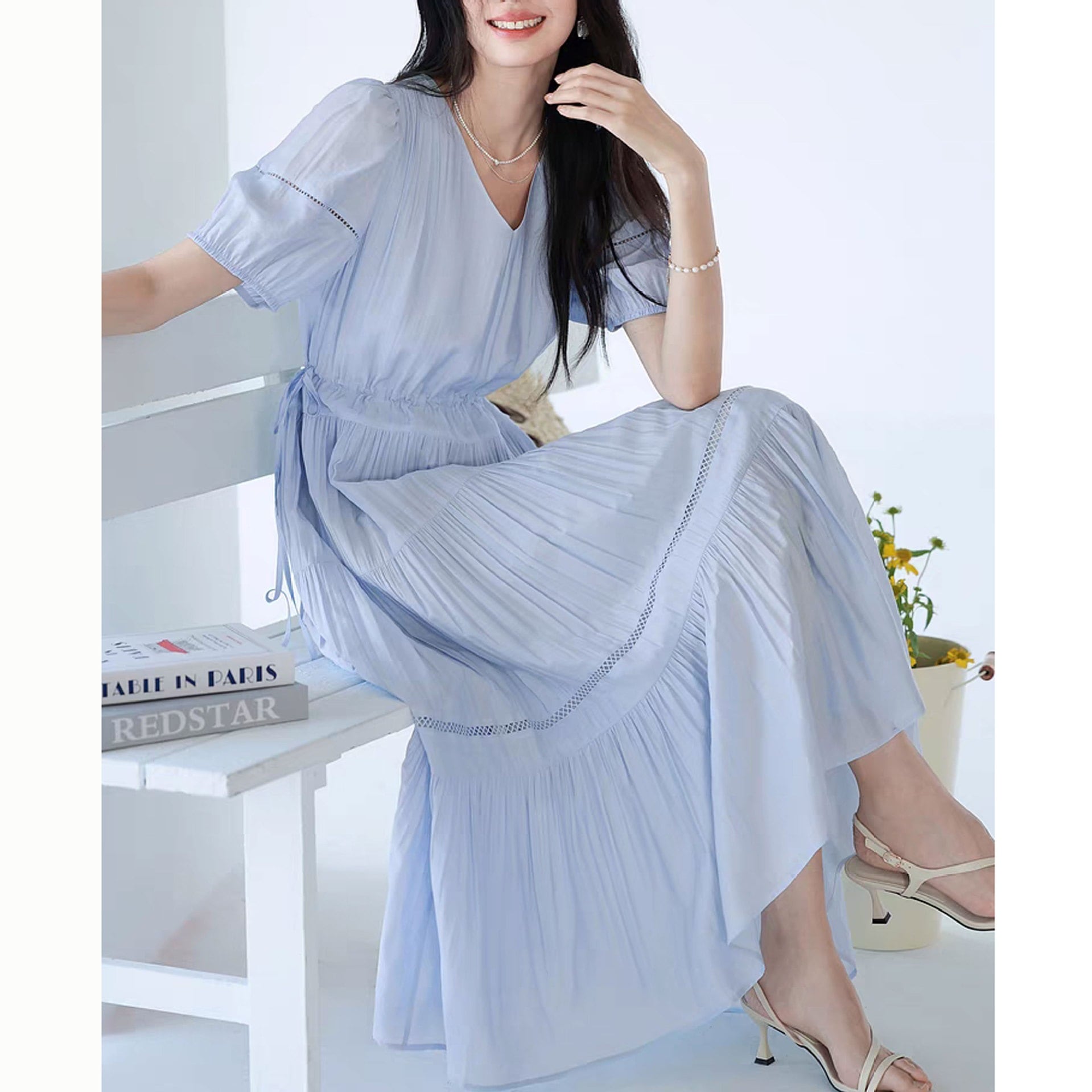 【送.料.無.料.急速発送】精緻なレース腰節ドローロープ仙スカート腰茶休憩ワンピース 6,899円