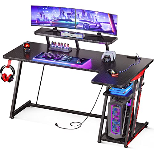 ゲーミングデスク L字型 コンセント付き 140x80x55cm 収納ラック ブラック 在宅勤務