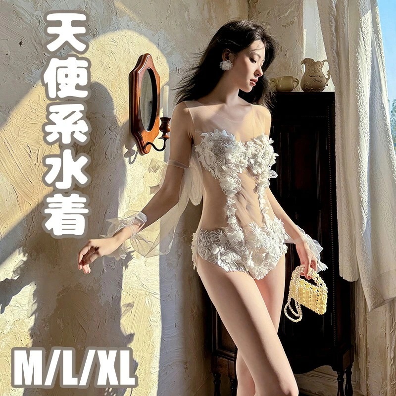 超人気【赤字覚悟 最安挑戦】水着 ワンピース水着 スイムウェア レディース水着 フラワー刺繍 透け感 シアー水着 シフォン 体型カバー フェアリー系 天使系水着 白水着 おしゃれ水着 セクシー水着 写