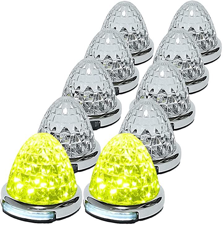カスタマイズ 12V 24V トラック用 LED マーカーランプ 路肩灯機能付 サイド メッキリング 5面クリスタルカット仕様 22LED 汎用(イエロー, 10個セット)