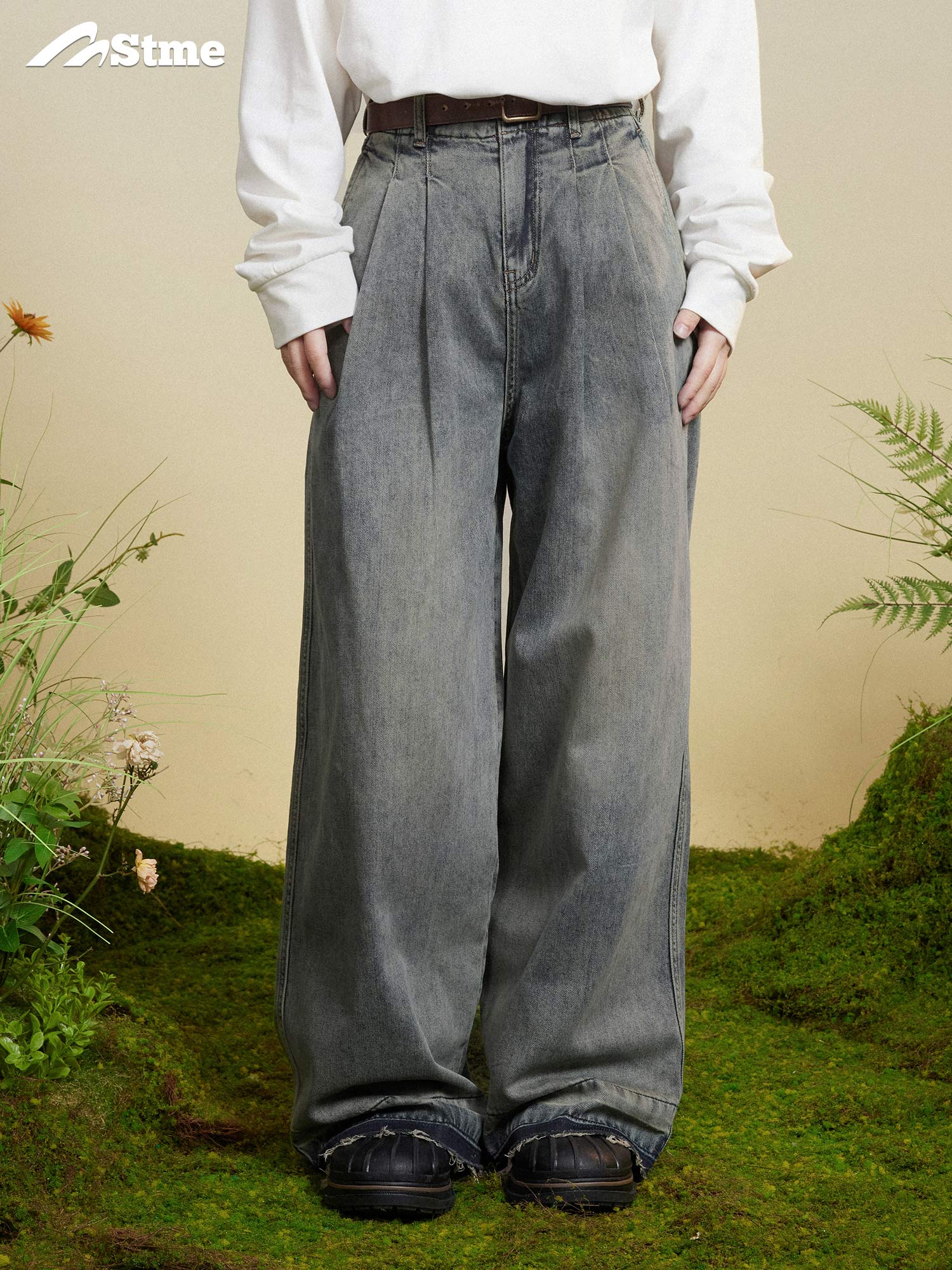 早乙女慶子 Saotome 和風レトロルーズフィット馬劉工芸ウォッシュ生エッジワイドパンツとジーンズ