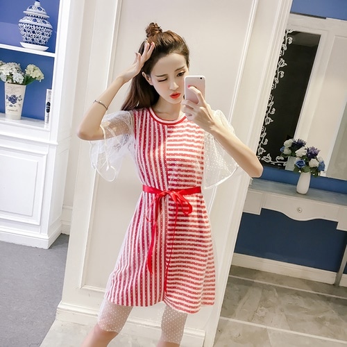 1379 . ストライプシースルーミニワンピース（レッド）2019 春夏 sale カジュアル 女子会 ランチ 通学 普段使い