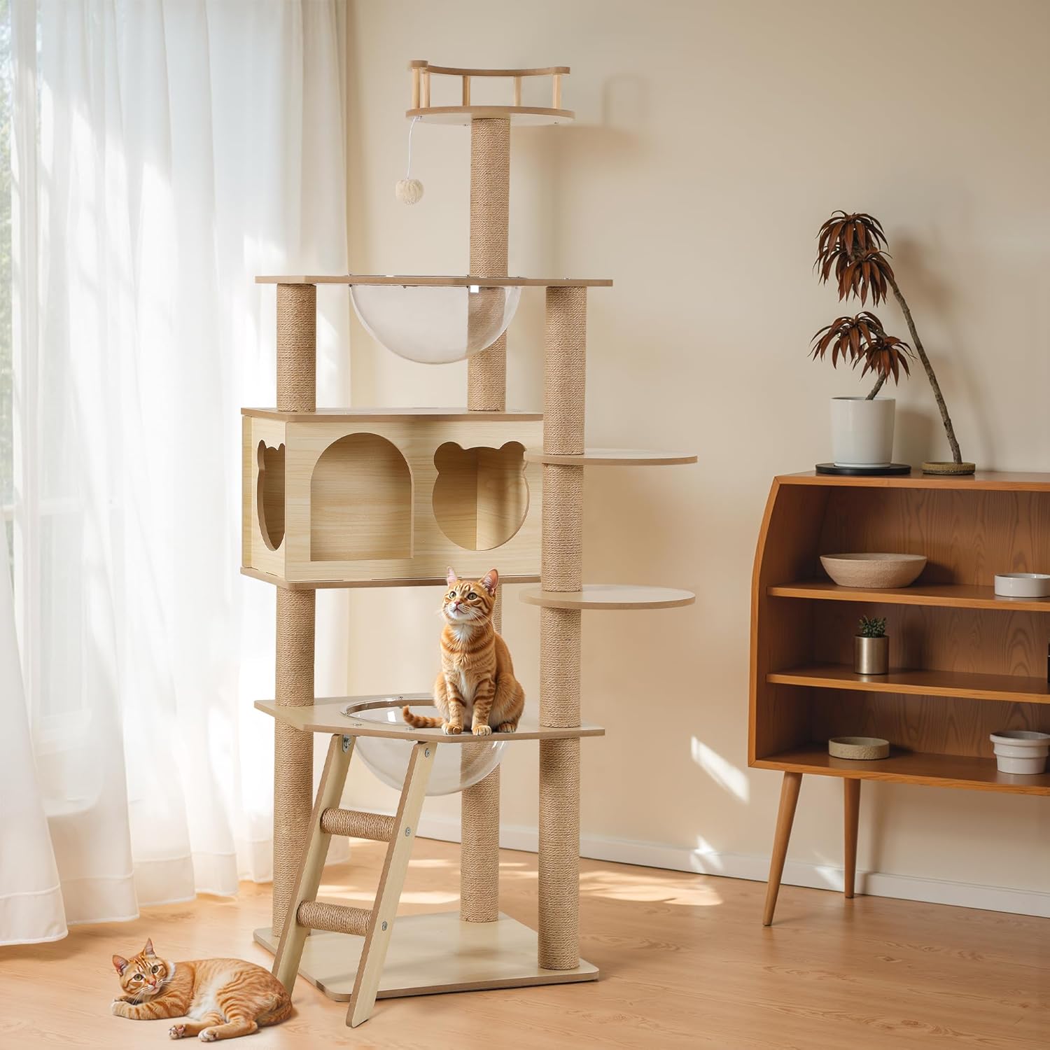 Alebert キャットタワー 猫タワー 木製 幅48*奥行48*高さ155cm キャット タワー 大型猫 多頭飼い 天然麻紐爪とぎ 宇宙船 ハンモック 据え置き スリム 安定感 転倒防止 ペット 6,942円