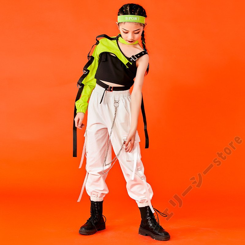 hot!!!キッズ ダンス衣装 ヒップホップ タンクトップ ロングパンツ 袖カバー 子供ダンス へそ出し 練習着