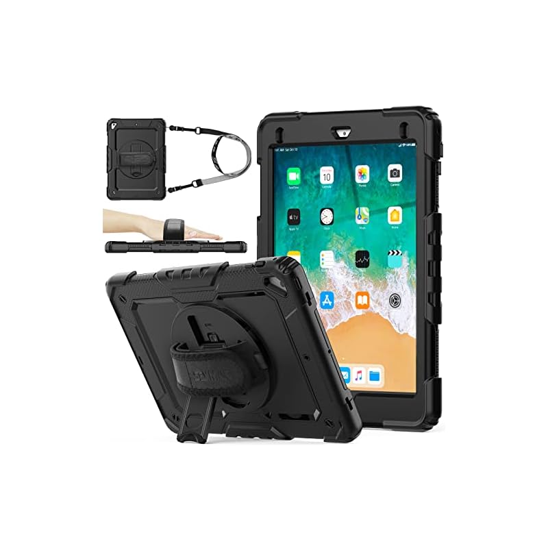 SEYMAC stock iPad 6世代/5世代/Pro 9.7/Air2 9.7インチケース 耐衝撃 保護フィルム付き ペン収納 360回転スタンド ハンドストラップ ショルダーストラップ 全面