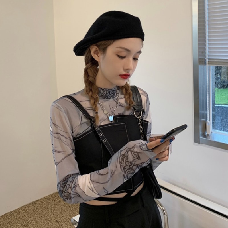 トップス Tシャツ シャツ ベスト キャミソール インナー ビスチェ 袖あり 長袖 ハイネック 透け感 メッシュ 薄手 2点セット ツーピース お得 かわいい 大人可愛い きれいめ シンプル