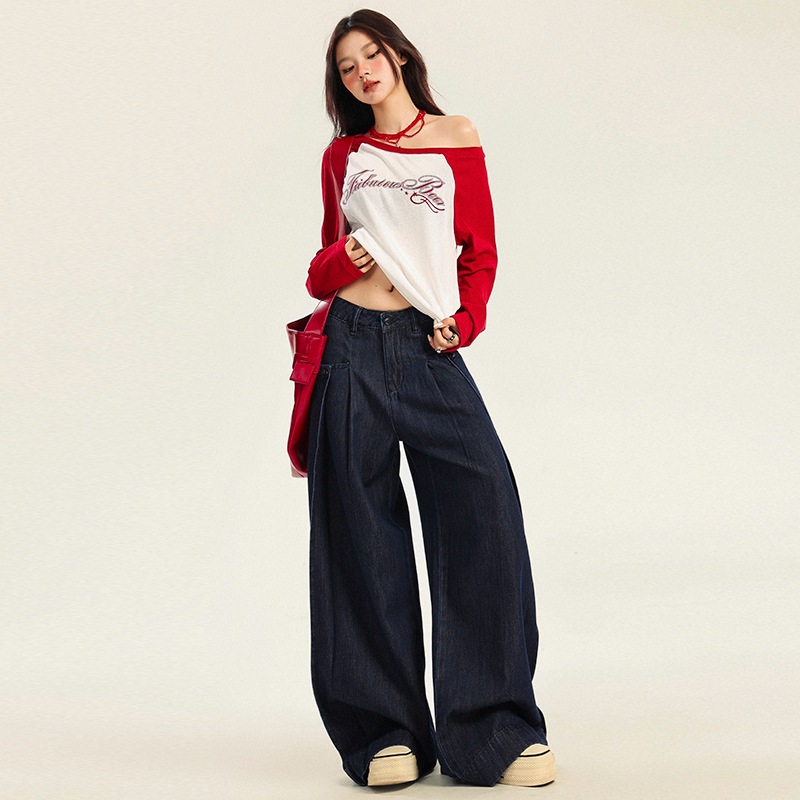 秋冬レディースダークブルージーンズ韓国風新スタイルプリーツデザイン着痩せドレープハイウエストデニムワイドレッグパンツ