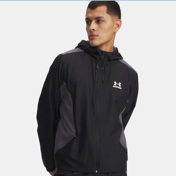 6011267-001 ブラック 男性 UA Tech スポーツ ウーブン 男性 ジャケット ウインドブレーカー ランニング 健康運動