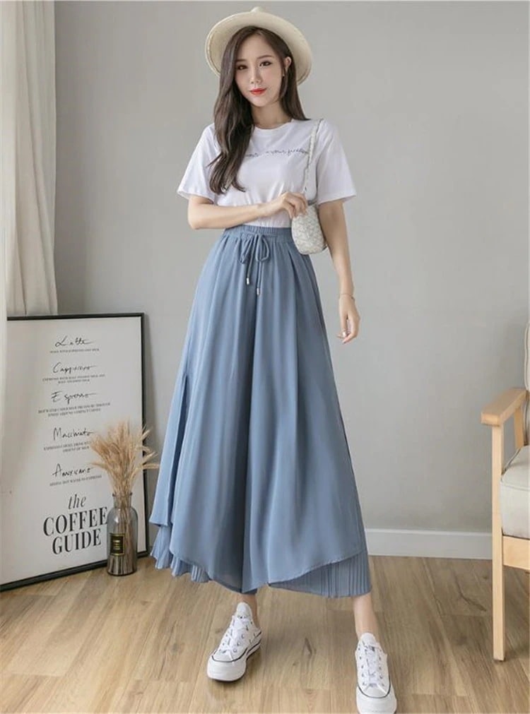 ファッション祭り中!!韓国ファッション サマー ニュースタイル フォールド シフォン ワイドパンツ 小さい新鮮な ファッショナブル スリム ハイウエスト ドレープ エレガント ナインポイント