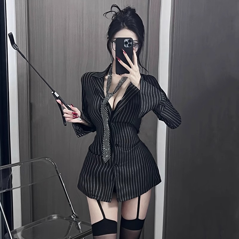 セクシー秘書服黒ストライプシャツ せいふくクラブプロol純欲教師オフィスギャル服