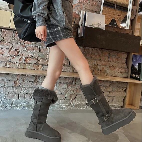 ロングブーツ 厚底サンダル 通勤 グレー厚底スノーブーツ女性冬の新しい2つの摩耗パッド入りの綿の靴を厚く