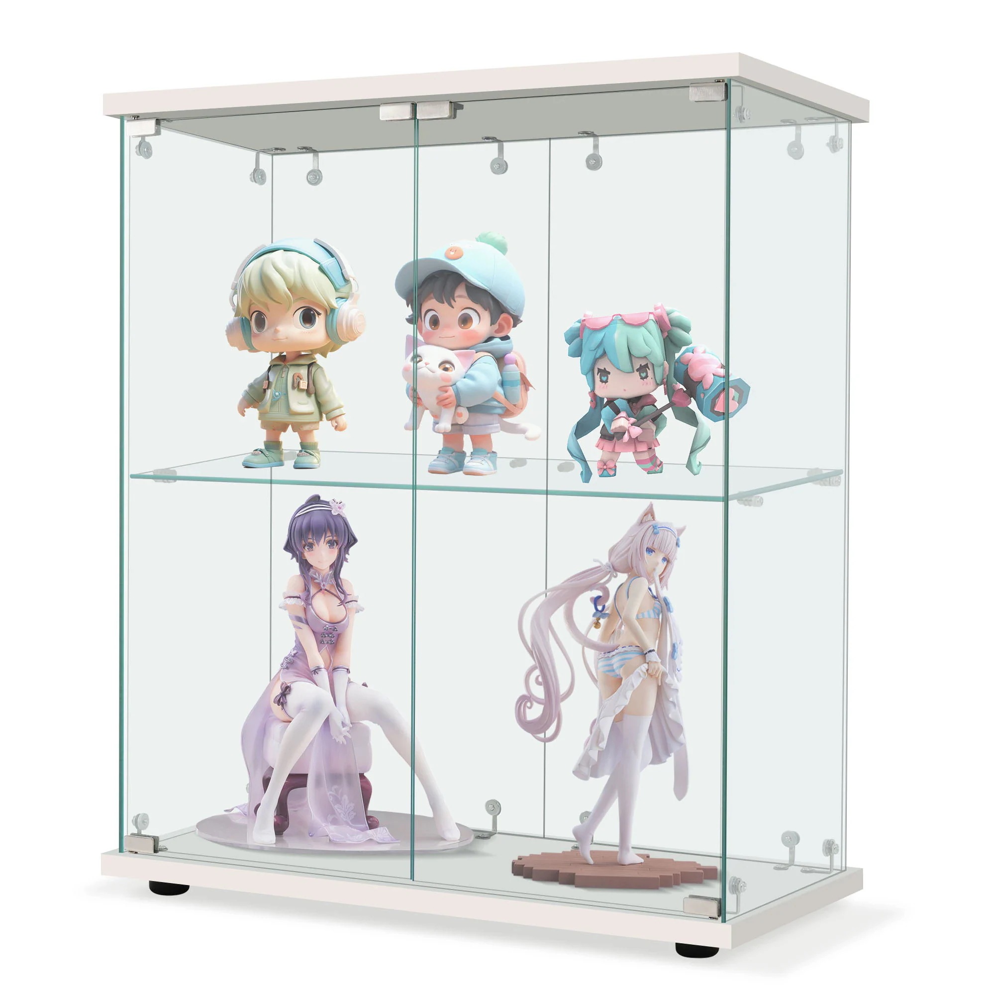 コレクションケース 両扉タイプ 大型 ワイドタイプ ガラスディスプレイキャビネット フィギュアケース 2段 強化ガラス 全面ガラス サイズ:幅80.5×奥行36.5×高さ86cm ホワイト