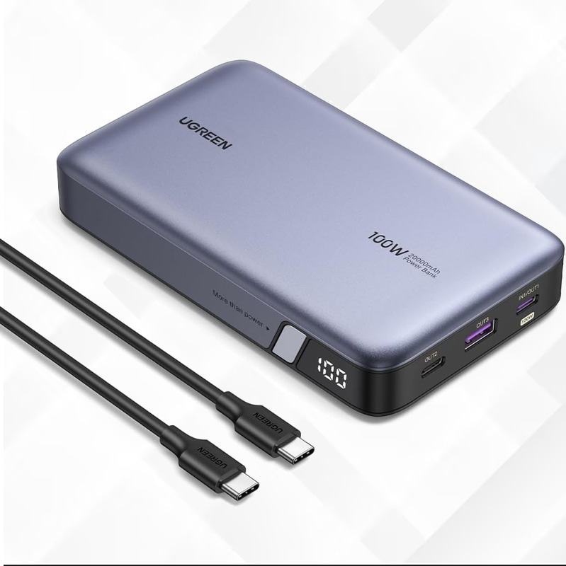 UGREEN 100W モバイルバッテリー PD・PPS 2.0対応 20000mAh 大容量 3ポート USB-C×2 USB-A×1 パススルー機能 低電流モード搭載 入力65W急速充電対応 マル