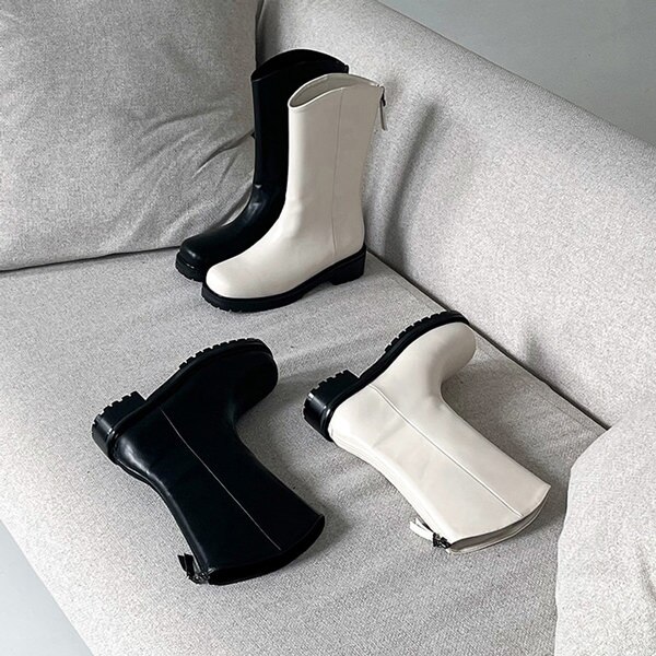 ミドルブーツ ウエスタンブーツ ワークブーツ バックジップ 黒 ブラック アイボリー