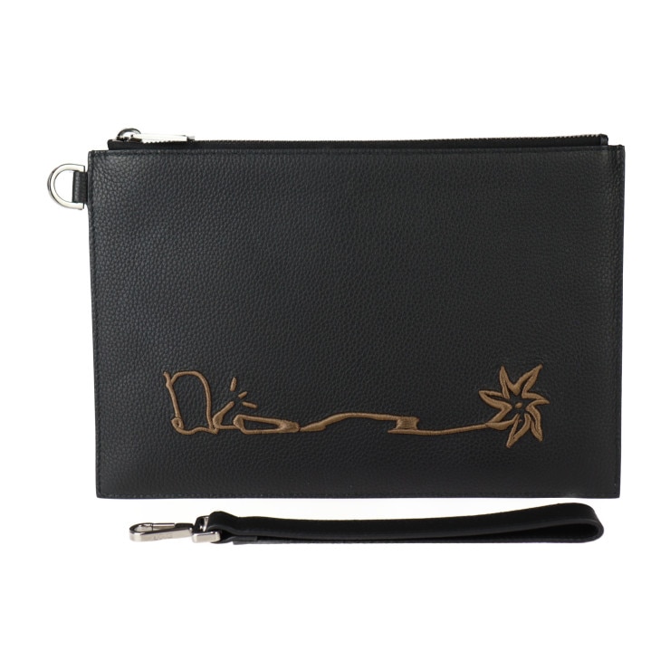 美品 Christian Dior クリスチャンディオール セカンドバッグ 2ESCA338SOT H03E カクタス ジャック コラボ カーフスキン ブラック シルバー金具 リストレット クラッチバ