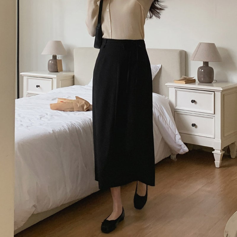 [tsk0736] 韓国ファッションリボンストラップAラインロングスカート