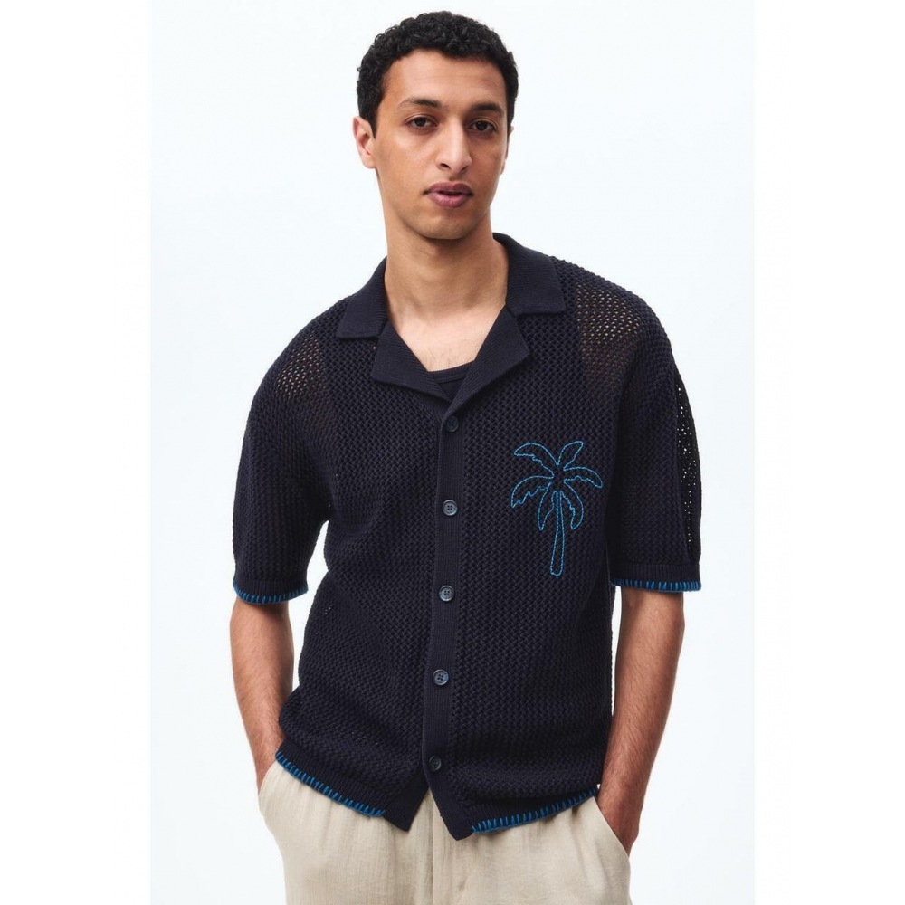 H&M ホールニットキャンプシャツリラックスフィットネイビーブルーパームツリー 1332479004