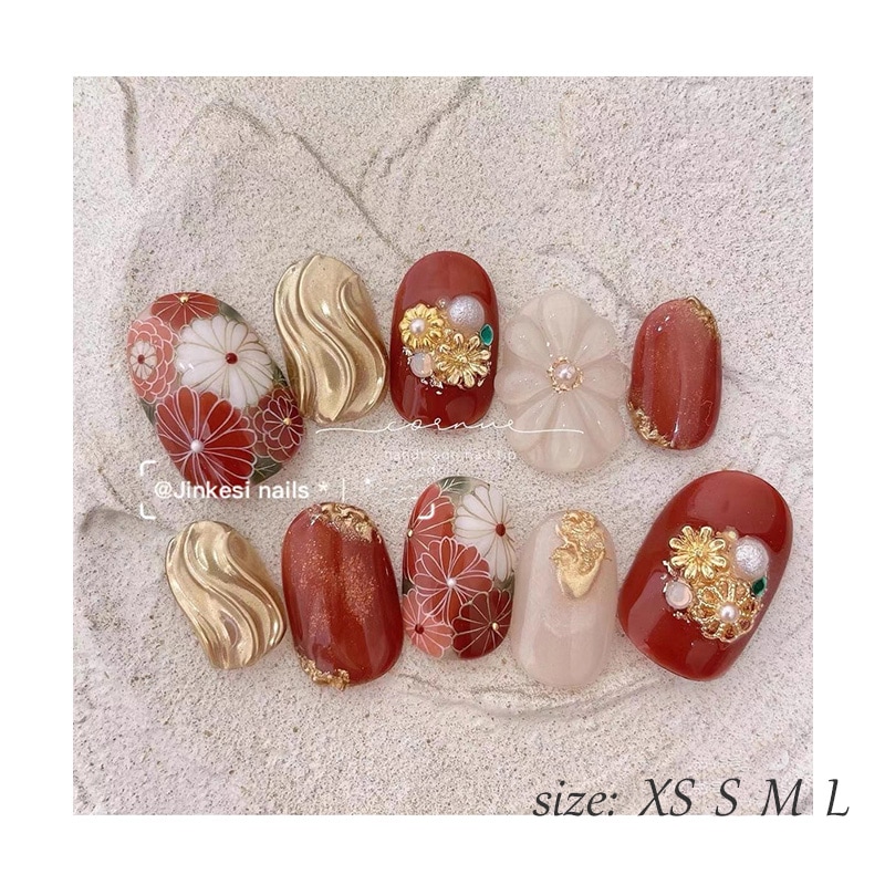 ネイルチップ 手作りネイルチップ 和風ネイルチップ 桜 菊 波 金継ぎ 蒔絵 京都 オーダーメイドネイル ハンドペイントネイル 【手作りネイル】オーダーメイド手作り ジェルネイル ネイルシール セルフ