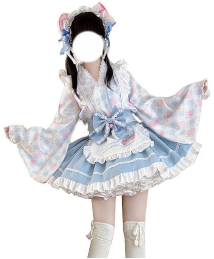 コスパ最高 即納 CAWILXHA ロリータ服 ワンピース コスプレ衣装 和 水色 ピンク 姫袖 長袖 森ガール ゆめかわいい コスチューム ハロウィン 仮装 (M 青いセット)