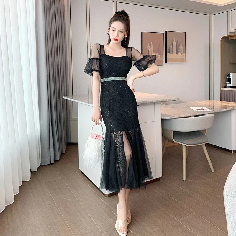 【JY.上品】 夏 ルワンピース 黒 シアー ドレス パーティードレス着痩せ 大人 お呼ばれ 同窓会 披露宴 卒業式 結婚式 ウェディング 二次会 成人式