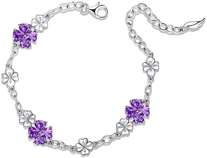シルバー925 女性に人気 ブレスレットハート 四つ葉のクローバー ユニーク デザイン 2月 誕生石 アメジスト 紫水晶 クリスマスギフト( 2月 誕生石 アメジスト (紫水晶))