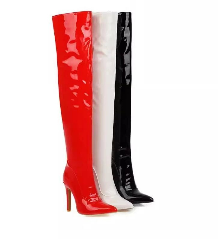 大安売りレディースブーツ　ニーハイブーツ　エナメル　10.5センチ　超ハイヒール　光沢　ロング丈　秋冬　春秋　サイハイブーツ　大きいサイズ　小さいサイズ　ピンヒール　スーパーロングブーツ ダンス　舞台
