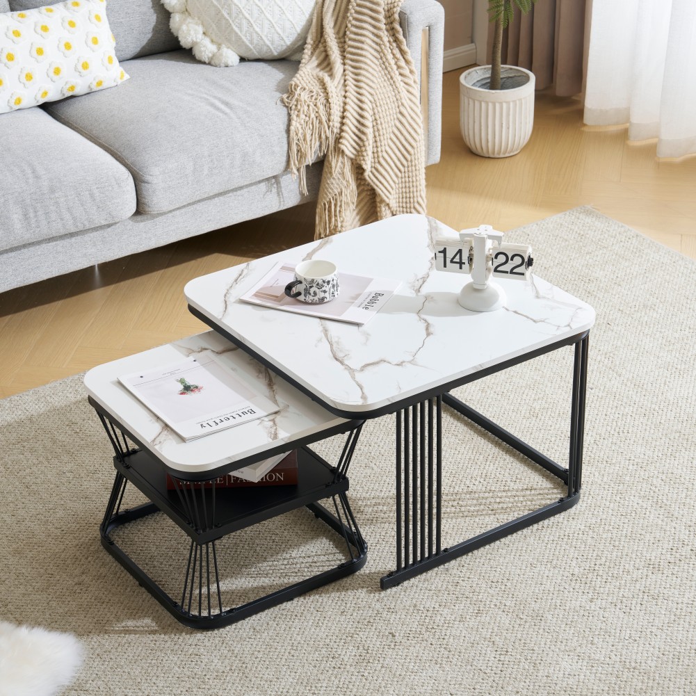 【新作登場】センターテーブル テーブル ローテーブル 大理石調 波紋 収納付き おしゃれ 入れ子式 正方形 2個セット 光沢感 組み合わせ自由【ホワイト（ブラック）】