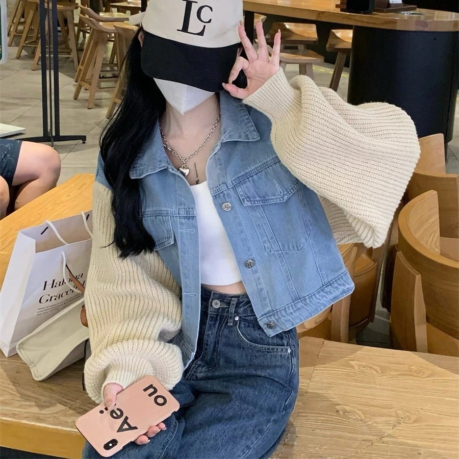 韓国デザイン秋服ニットステッチデニムショートジャケット
