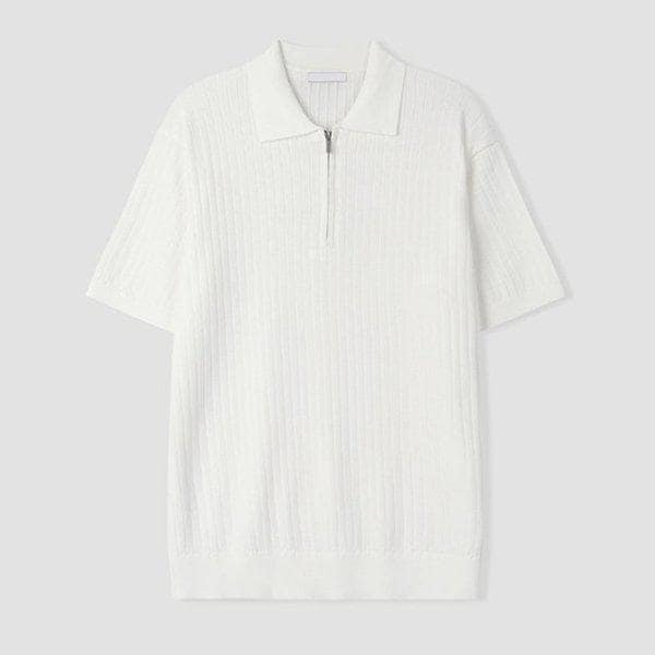 メンズ ハーフジップ リブ カラネック 半袖 ニットTシャツ AS-KNH-Q010-アイボリー