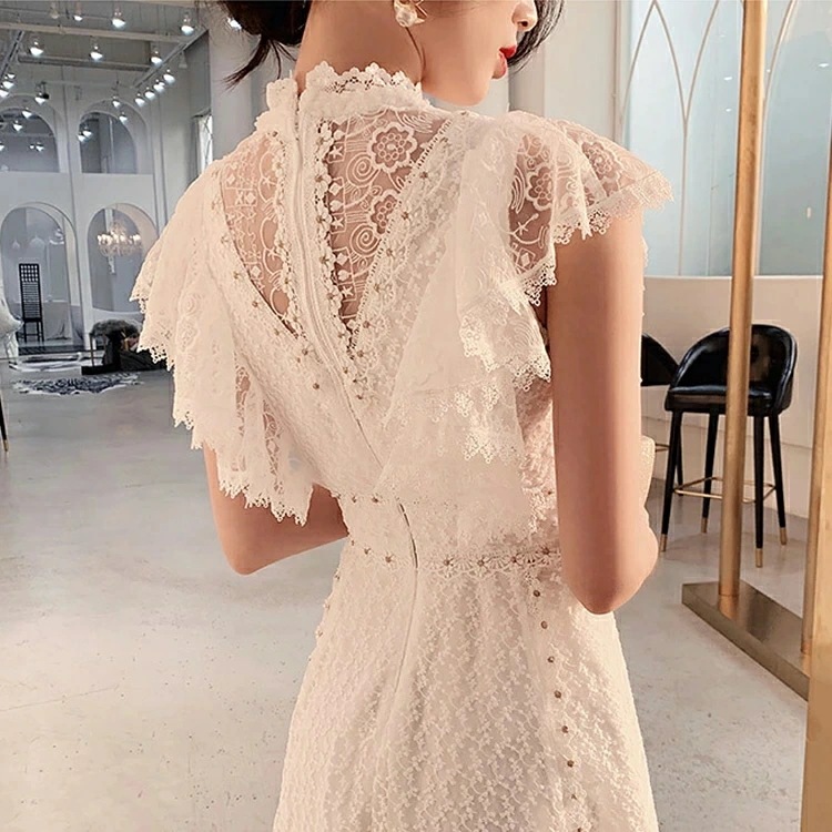 結婚式ドレス お呼ばれドレス 白 レースドレス オシャレ パーティードレス レースワンピース フリル 可愛い　優雅 エレガント お嬢様 二次会ドレス 結婚式ワンピース ホワイト ミモレ丈ドレス フォー