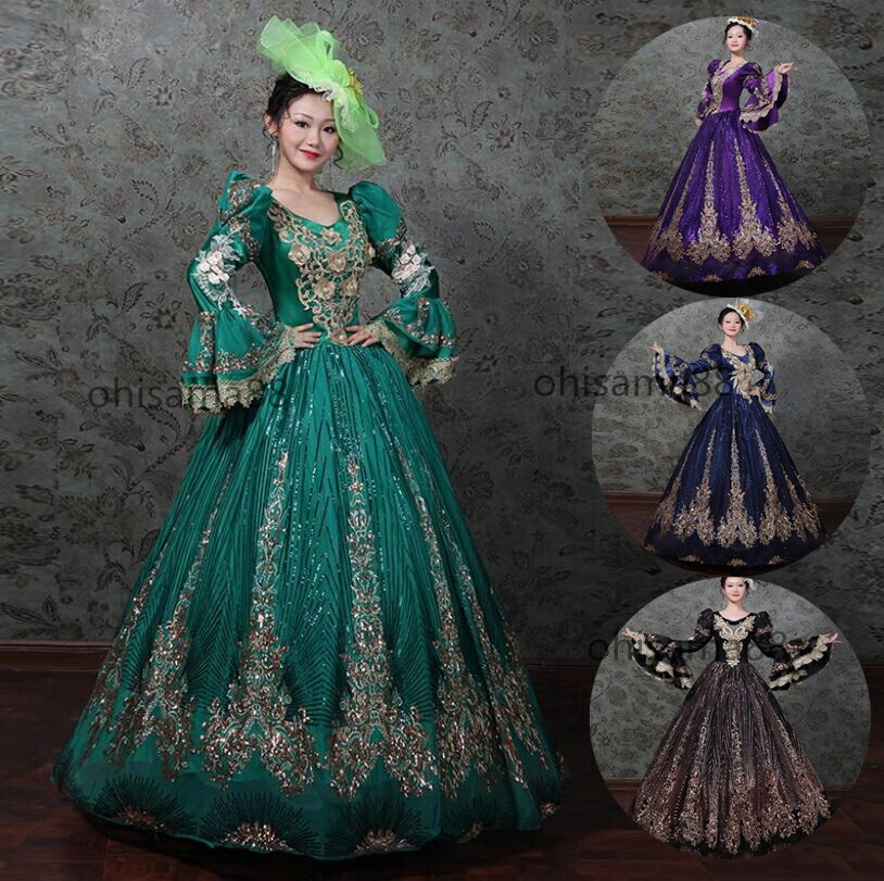 お値下げしました貴族ドレス オペラ声楽 舞踏会 ロングドレス 中世貴族風 宮廷ドレス フレア袖 ステージ衣装 演劇 貴婦人ドレス 華やか 高級感 ヨーロッパ風ドレス 撮影 演奏会 文化祭 学園祭 お姫