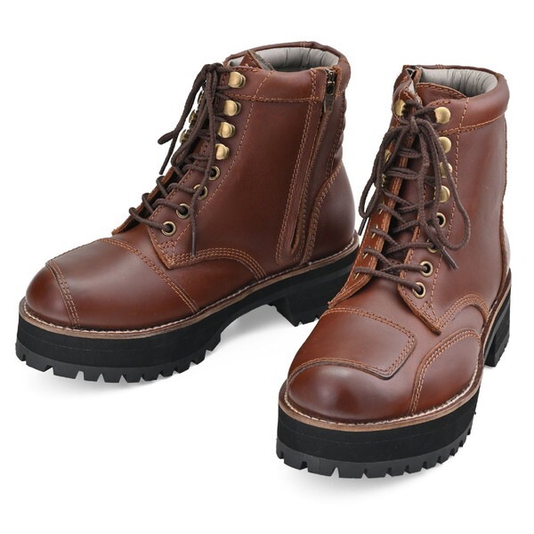 D41423 バイク ブーツ ライディングブーツ ダービーライドブーツ 厚底 本革 牛革 シフトパッド くるぶしパッド内蔵 サイドジップ DS-001+ ブラウン 23.0cm/レディース