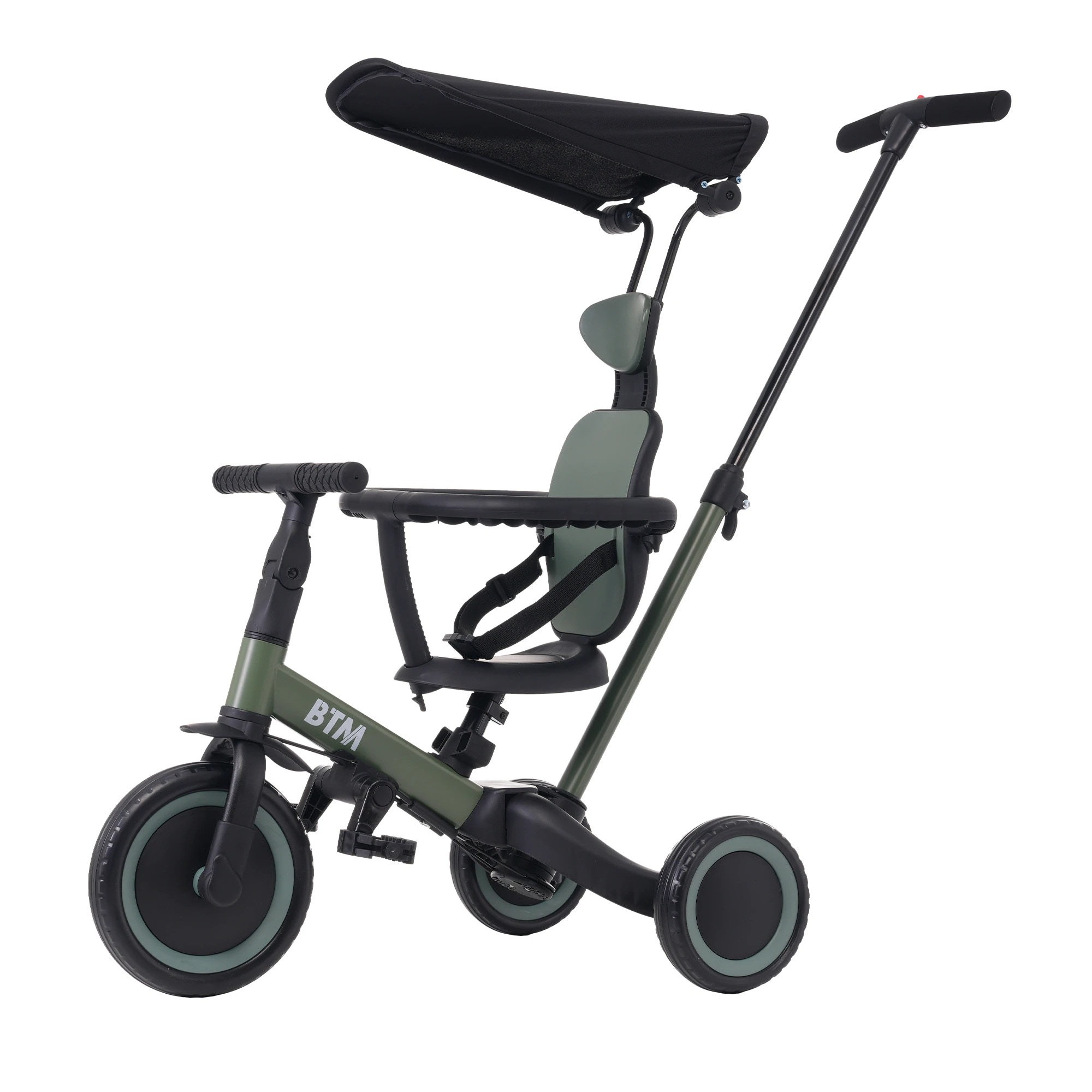 【2点購入で150OFF】品質良い!店舗お勧め! 【マットグリーン】 子供用三輪車 5in1自転車 オリジナル 押し棒付き 安全バー付き サンシェード付き