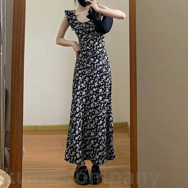 ワンピース ドレス 花柄 フラワー フリル エレガント レディース きれいめ カジュアル おしゃれ ノースリーブ 大人 可愛い フェミニン ロング丈 スリム Aライン ハイウエスト 体型カバー 韓国