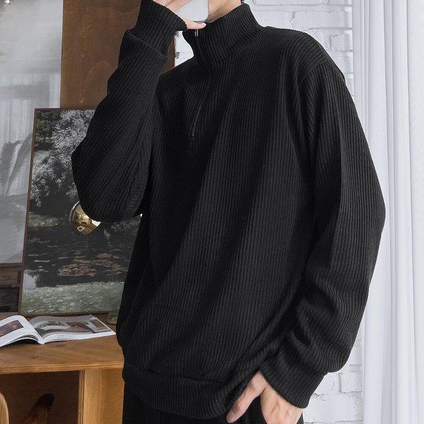 メンズ リブ編み ルーズフィット 裏起毛 ハーフジップ Tシャツ 5C-TSK-Q106-ブラック