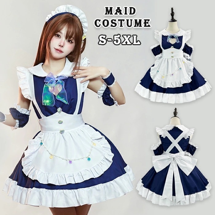 【大人気N0.1】メイド服 可愛い ロリータ コスプレ 紺色 白 胸開き セクシー スカシ ハート ノースリーブ フリル ゴスロリ ウェイトレス レディース エプロン 蝶結び 大きいサイズ 貝殻 腕飾