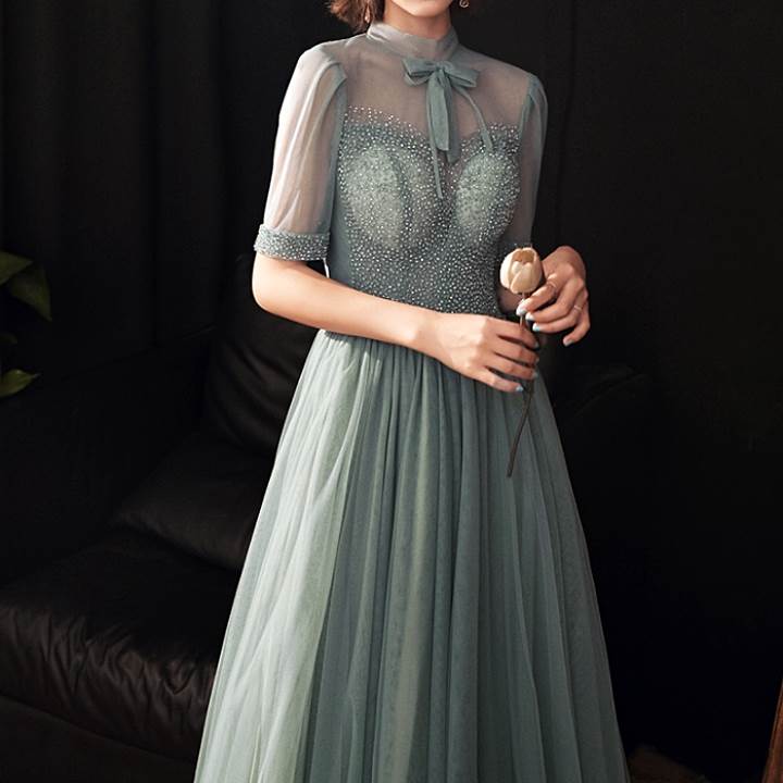 大流行のドレス レディース パーティードレス フォーマルドレス カジュアル ロング Aライン シフォン 透け感 シースルー ボトルネック リボン ビーズ キラキラ 柔らかい ふんわり 袖あり 5分袖