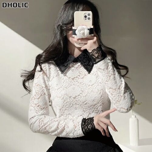 カラー長袖レース配色ブラウス・1946022