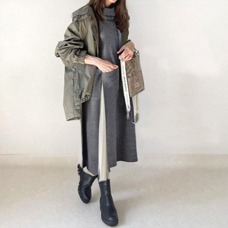 【楽で暖かく!】 ダウン【2点セット】プリンツスカート＋ハイネック無地スリットニットワンピースセット