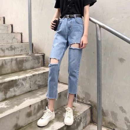 ボトムス デニム ダメージ デニムパンツ 7分丈 スリム 細身 ハイウエスト 通気性 シンプル カジュアル おしゃれ お洒落 かっこいい レトロ 女子 こなれ感 ラフ メンズライク マニッシュ 5,061円