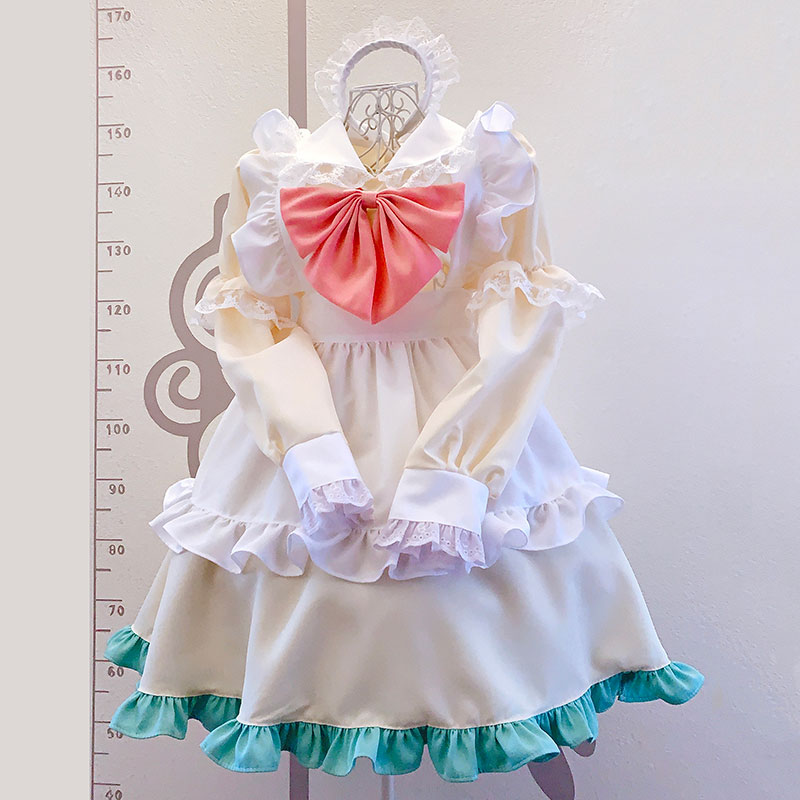 長袖メイド服　豪華荷葉フリル　多色選べる　喫茶店専用　ロング丈　ワンピース