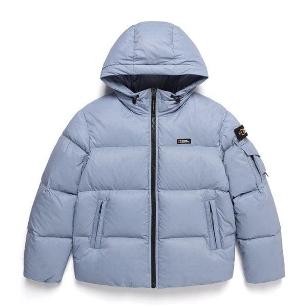 N244UDW820 ゴールデンモール ショート丈 グース フーディ ダウン ジャンパー STONE BLUE